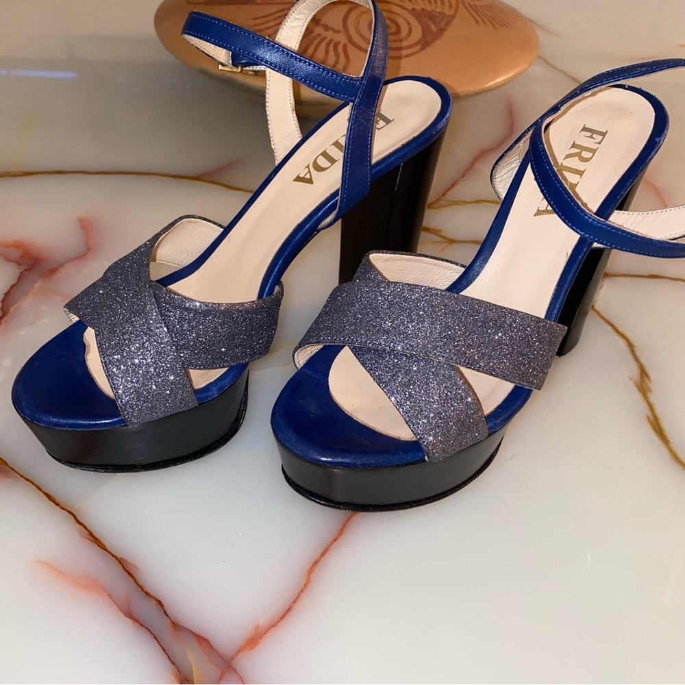 Frida Size 6.5 Blue Silver Glitter Ankle Strap 4” Heeled Sandals
